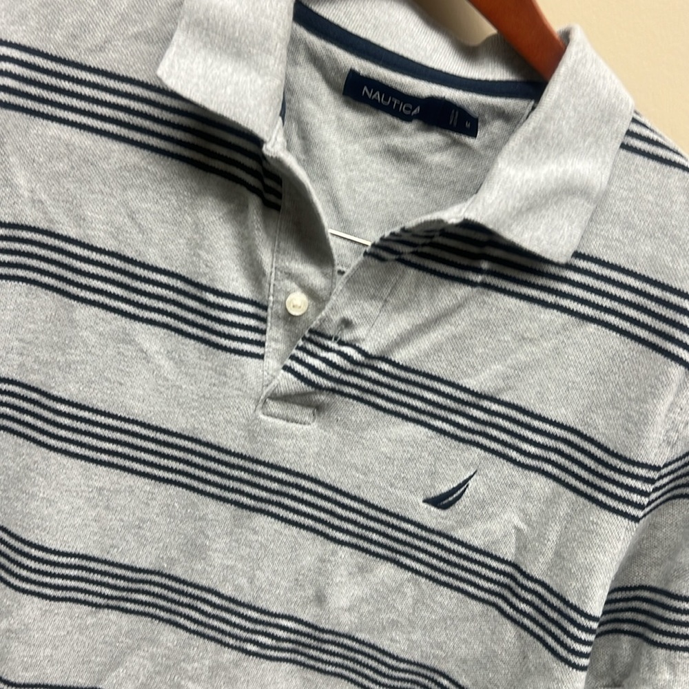 Nautical M medium 100% cotton, gray, black stripes polo short sleeve